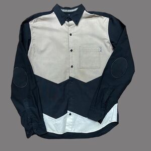 Rich Wierdo Color Block Black Tan White Button Down Shirt Cotton Men's XL